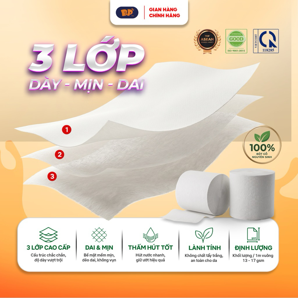 [ Không Lõi ] COMBO 3 Bịch Giấy Vệ Sinh 10 Cuộn ( tặng 1 giấy rút) BP Tissue Dày 3 Lớp Cao Cấp Mềm Mịn An Toàn