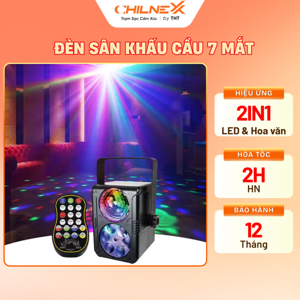 Đèn Sân Khấu Hoa Văn Cầu 7 Mắt Mini CHILNEXX Đèn Bar chiếu tia laze nháy theo nhạc đèn karaoke có  khiển party đèn sàn