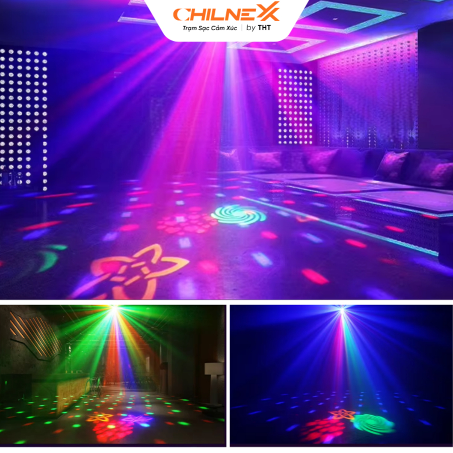 Đèn Sân Khấu Hoa Văn Cầu 7 Mắt Mini CHILNEXX Đèn Bar chiếu tia laze nháy theo nhạc đèn karaoke có  khiển party đèn sàn