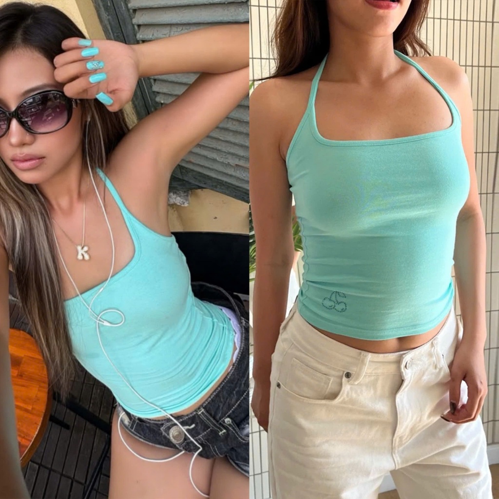 Áo yếm buộc dây màu xanh mint tiffany blue trơn đính đá hình cherry đơn giản dáng ôm AHD021 - Tiktik
