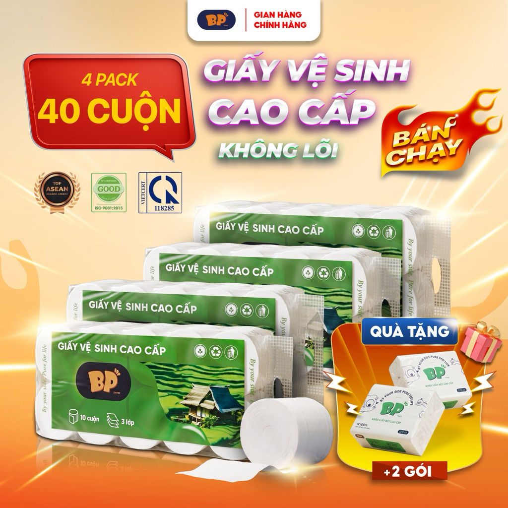 [ Không lõi ] COMBO 4 Bịch Giấy Vệ Sinh10 Cuộn ( tặng 2 giấy rút ) BP TISSUE  Dày 3 Lớp Cao Cấp Mềm Mịn An Toàn