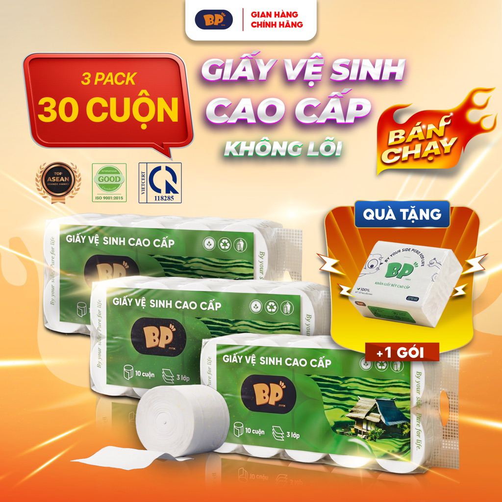 [ Không Lõi ] COMBO 3 Bịch Giấy Vệ Sinh 10 Cuộn ( tặng 1 giấy rút) BP Tissue Dày 3 Lớp Cao Cấp Mềm Mịn An Toàn