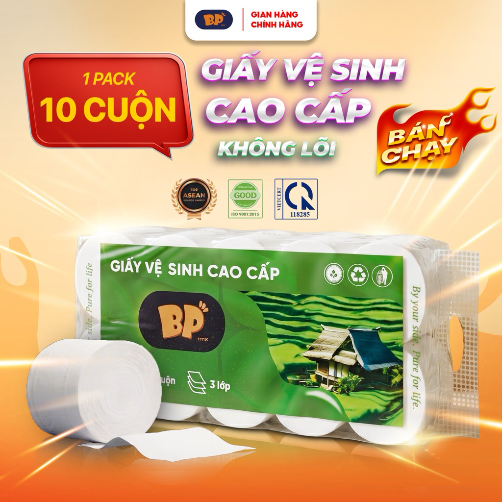 [Không lõi] 1 Bịch Giấy Vệ Sinh 10 cuộn BP Tissue cao cấp 3 Lớp Dày Mềm 100% Bột Giấy Nguyên Sinh