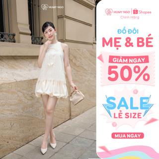 Váy sát nách 𝑺𝒖𝒏𝒏𝒚 𝑩𝒍𝒐𝒐𝒎 – Thiết kế cao cấp HumyNgo, Form dáng váy bí phồng trendy phối ren màu be nude, váy đôi mẹ con