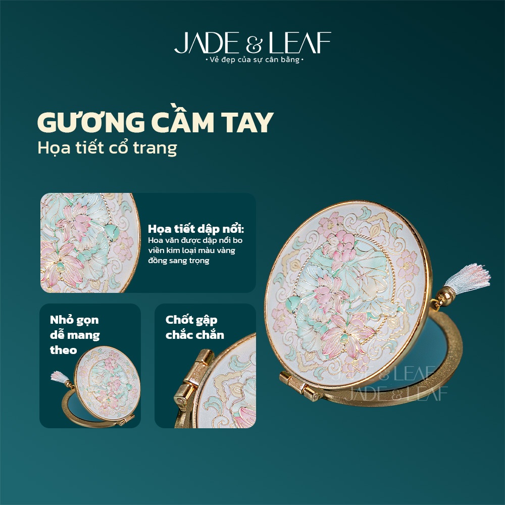 Gương Cầm Tay Trang Điểm Jade&Leaf Hình Hoa Sen Kim Loại Phong Cách Vintage Cổ Điển Mini Bỏ Túi