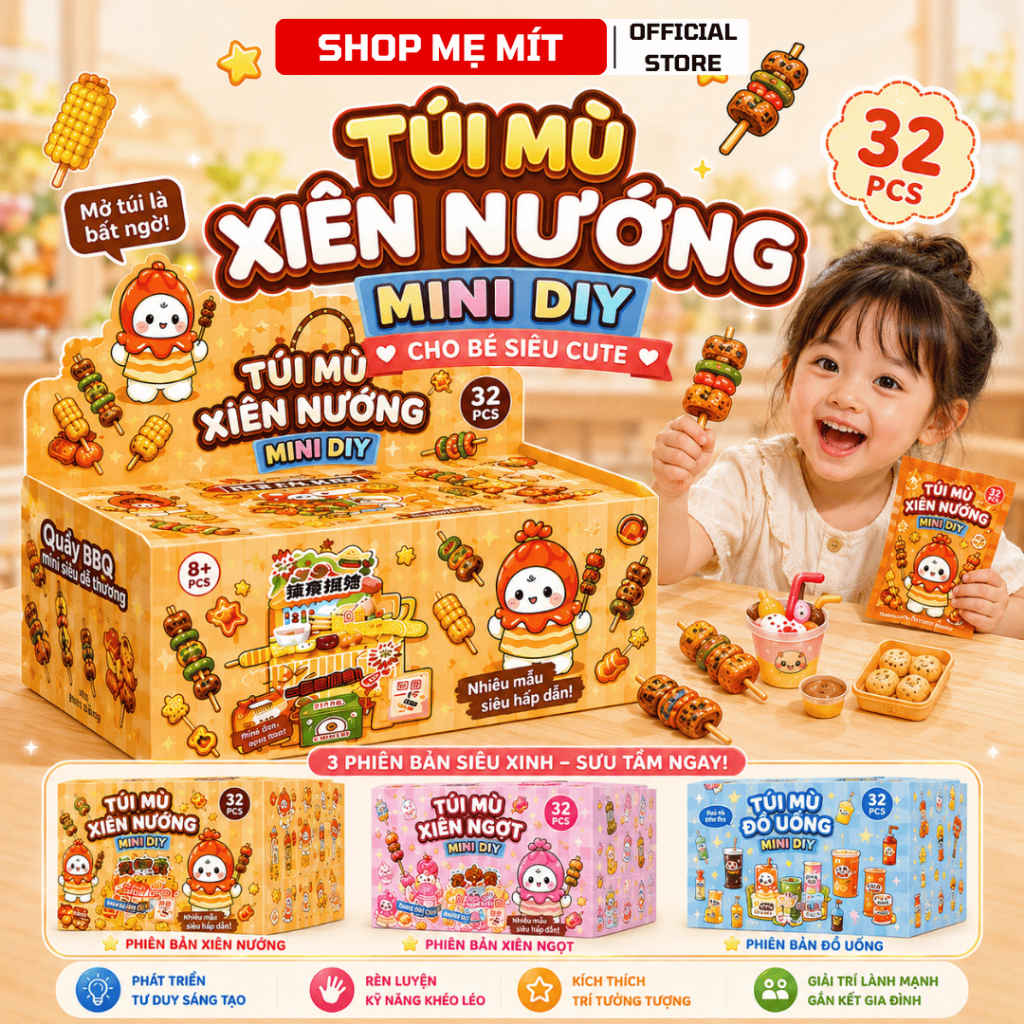 🍢 Túi Mù Xiên Nướng Mini DIY – Đồ Chơi Lắp Ráp Mô Hình Đồ Ăn Siêu Cute Cho Bé