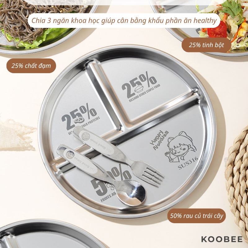 Đĩa Inox 316 Chia 3 Ngăn KOOBEE 23cm – Khay Ăn Dặm Khẩu Phần Ăn Healthy Chống Rơi Vỡ Cho Bé & Gia Đình | 392