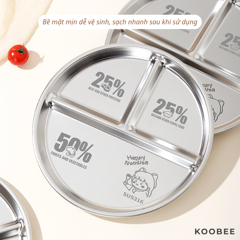 Đĩa Inox 316 Chia 3 Ngăn KOOBEE 23cm – Khay Ăn Dặm Khẩu Phần Ăn Healthy Chống Rơi Vỡ Cho Bé & Gia Đình | 392