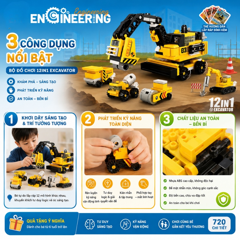 🚜 Bộ Lắp Ráp Xe Công Trình Xe Cứu Hỏa 12in1 Cho Bé – Đồ Chơi Xây Dựng 720 Siêu Chi Tiết Cho Bé