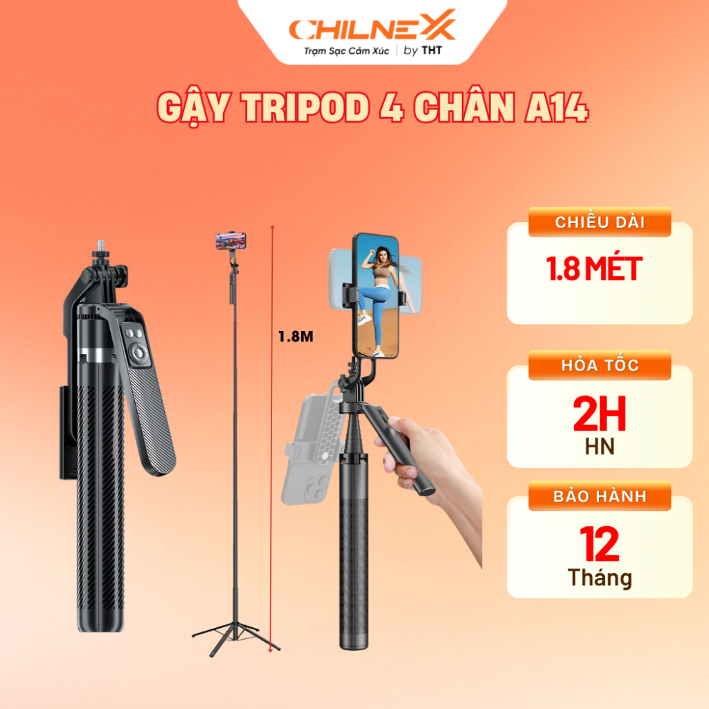 Gậy Tripod A14 Cao Cấp CHILNEXX Có Gimbal Chống Rung Gậy Selfie 4 Chân, Gắn Máy Ảnh Livestream, Quay Video Ổn Định
