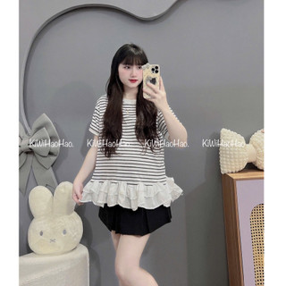 ÁO BẦU CỘC TAY KẺ NGANG PHA BÈO DUÔI ÁO XINH - 2 Màu