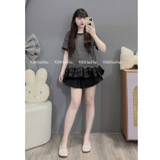 ÁO BẦU CỘC TAY KẺ NGANG PHA BÈO DUÔI ÁO XINH - 2 Màu