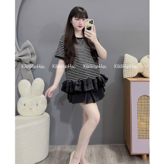 ÁO BẦU CỘC TAY KẺ NGANG PHA BÈO DUÔI ÁO XINH - 2 Màu