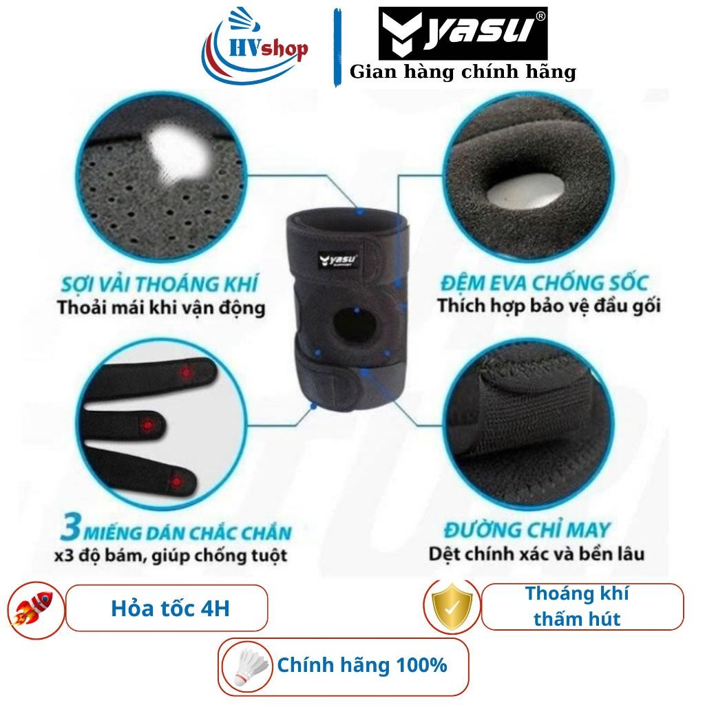 Bó gối cầu lông Yasu 7616, băng gối thể thao thiết kế mềm, nhiều lỗ thoáng khí - HVShop