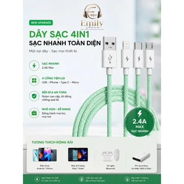 [Giảm 25k]Dây sạc nhanh đa năng. Dây sạc 4in1. Dây sạc an toàn. Dây sạc chống rối dài 1m2.