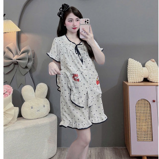 Bộ Bầu - bộ sau sinh-BỘ ĐÙI ĐŨI HÀN CỔ REN DÂY BUỘC HAI TÚI HELLO KITTY - Nhiều Màu, Áo Có Khoá Kéo & Quần Có Chun Chỉnh