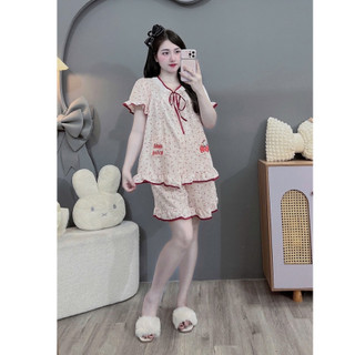 Bộ Bầu - bộ sau sinh-BỘ ĐÙI ĐŨI HÀN CỔ REN DÂY BUỘC HAI TÚI HELLO KITTY - Nhiều Màu, Áo Có Khoá Kéo & Quần Có Chun Chỉnh