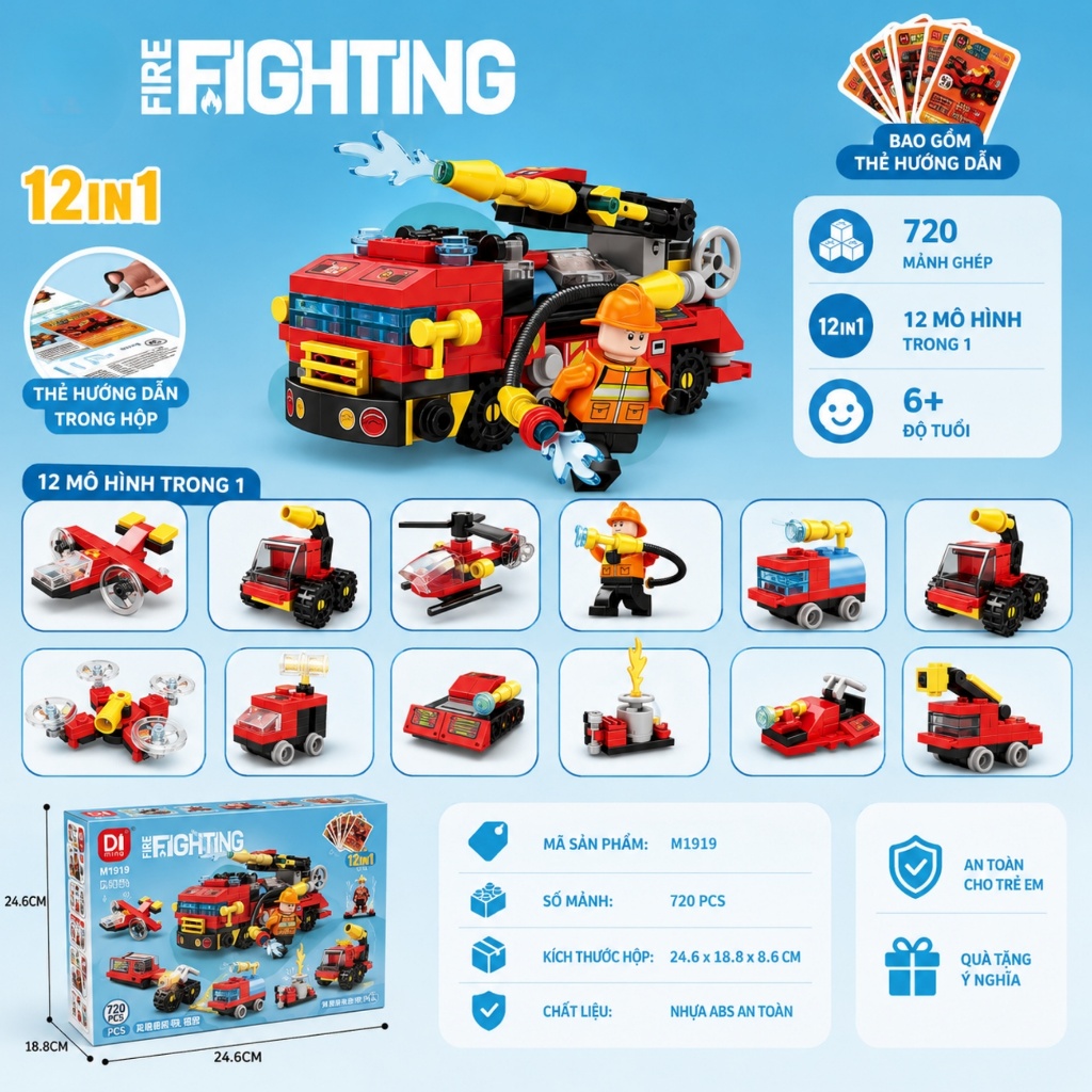 🚜 Bộ Lắp Ráp Xe Công Trình Xe Cứu Hỏa 12in1 Cho Bé – Đồ Chơi Xây Dựng 720 Siêu Chi Tiết Cho Bé