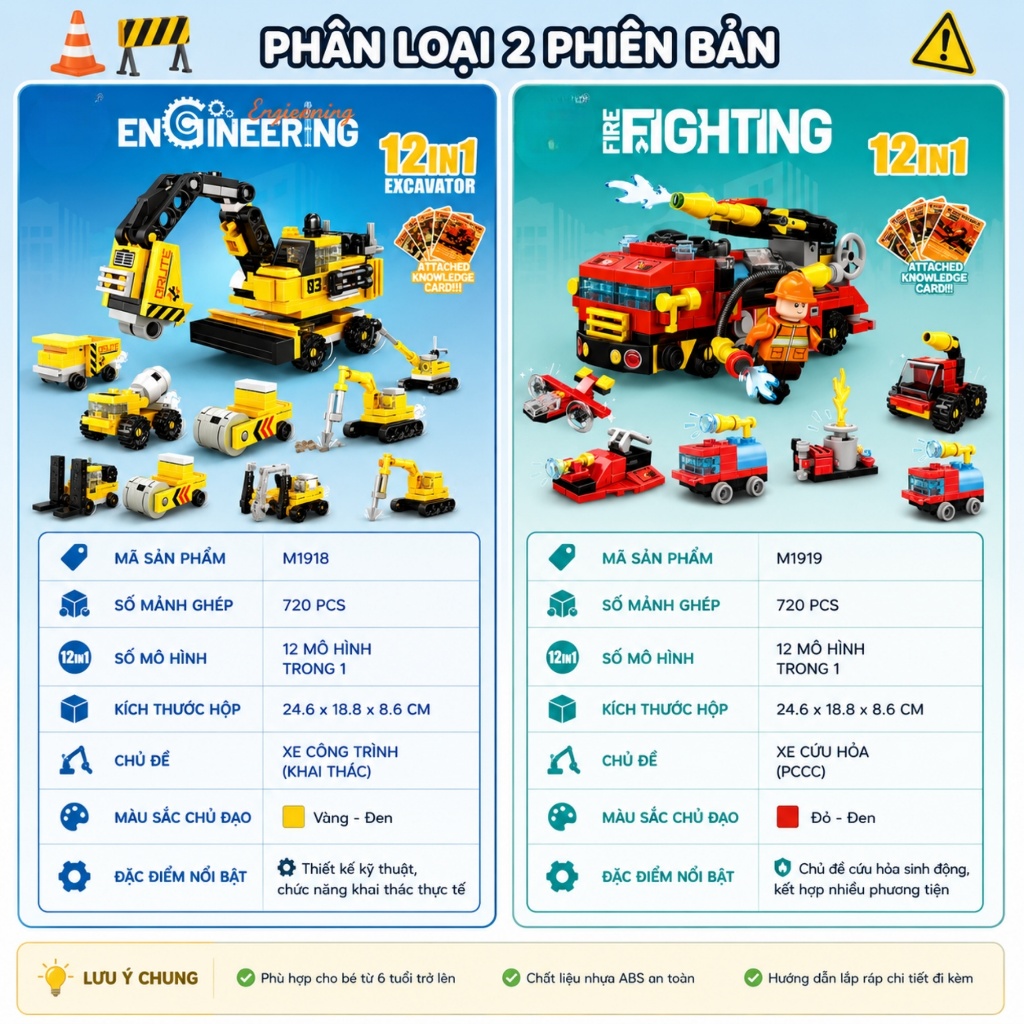🚜 Bộ Lắp Ráp Xe Công Trình Xe Cứu Hỏa 12in1 Cho Bé – Đồ Chơi Xây Dựng 720 Siêu Chi Tiết Cho Bé