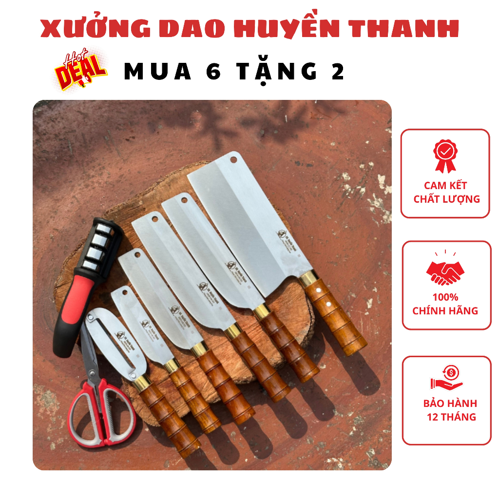 {MUA 6 TẶNG 2} Bộ Dao Thép Trắng Kháng Han Rỉ Cao Cấp, Cán Trúc Chắc Chắn Được Rèn Thủ Công Tặng Máy Mài + Kéo