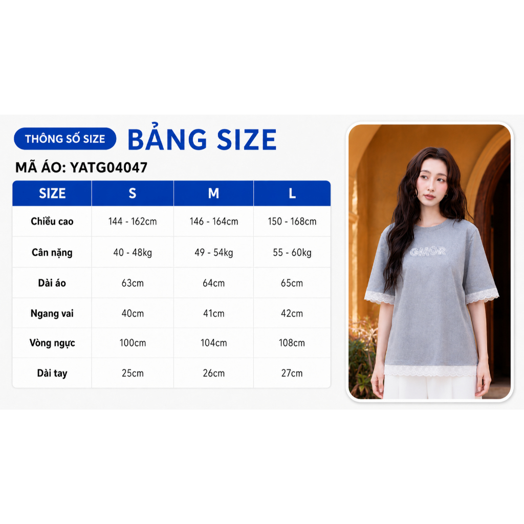 Áo Thun Nữ Gmorning - GUMAC Form Suông Rộng Tay Lửng Phối Ren Nữ Tính YATG04047