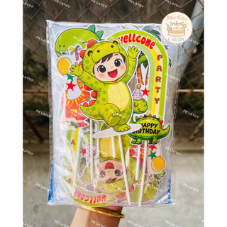 Bịch 10 set giấy hình cắm bé khủng long, động vật khủng long, sở thú, cây dừa trang trí bánh kem, bánh sinh nhậtjt kí