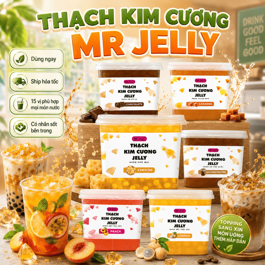 Thạch topping trà sữa Mr. Jelly 15 vị nhân sốt trái cây, nguyên liệu pha chế 2.13kg, làm sẳn, trân châu, hoả tốc HCM