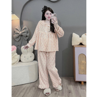 Bộ Bầu - bộ sau sinh-BỘ DÀI ĐŨI NHĂN HÌNH CỔ SEN DÁNG BBD NƠ TRẮNG - 6 Màu, Áo Có Khoá Kéo & Quần Có Chun Chỉnh