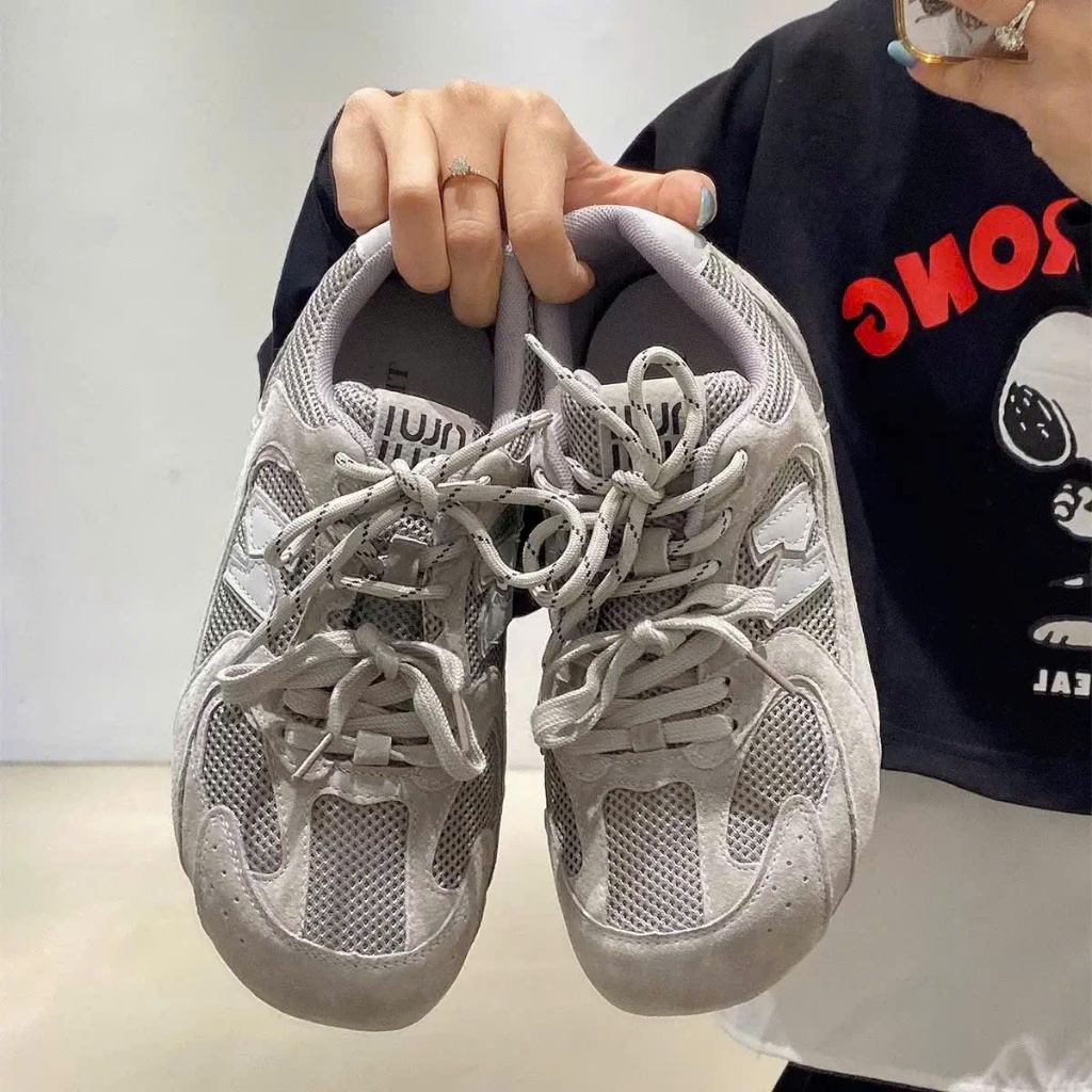 Giày thể thao nữ phong cách Y2K phối da lộn lưới thoáng khí, giày sneaker nữ màu xám vintage xu hướng mới