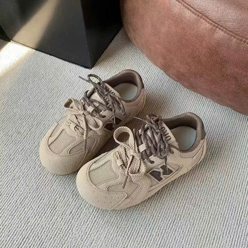 Giày thể thao nữ phong cách Y2K phối da lộn lưới thoáng khí, giày sneaker nữ màu xám vintage xu hướng mới