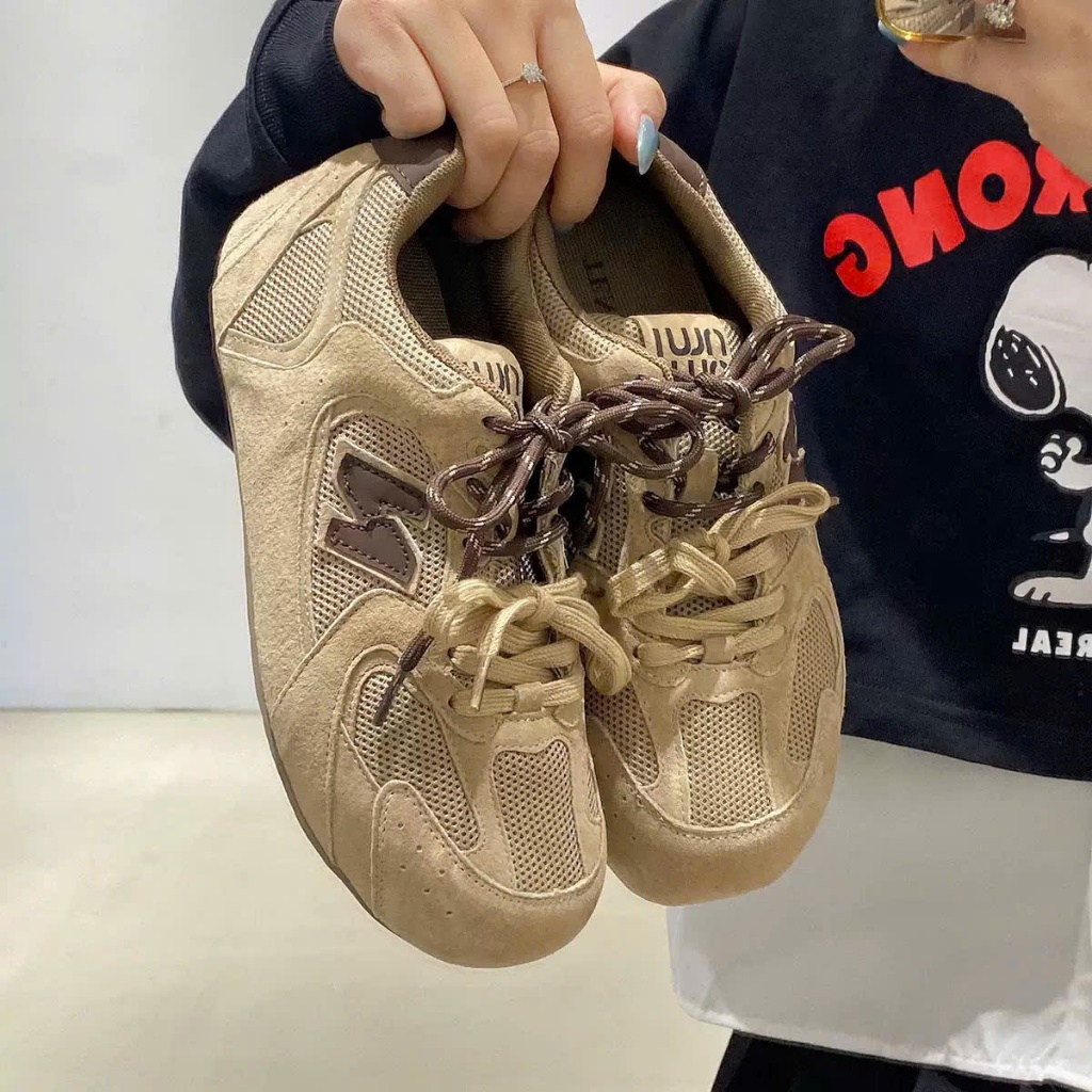 Giày thể thao nữ phong cách Y2K phối da lộn lưới thoáng khí, giày sneaker nữ màu xám vintage xu hướng mới