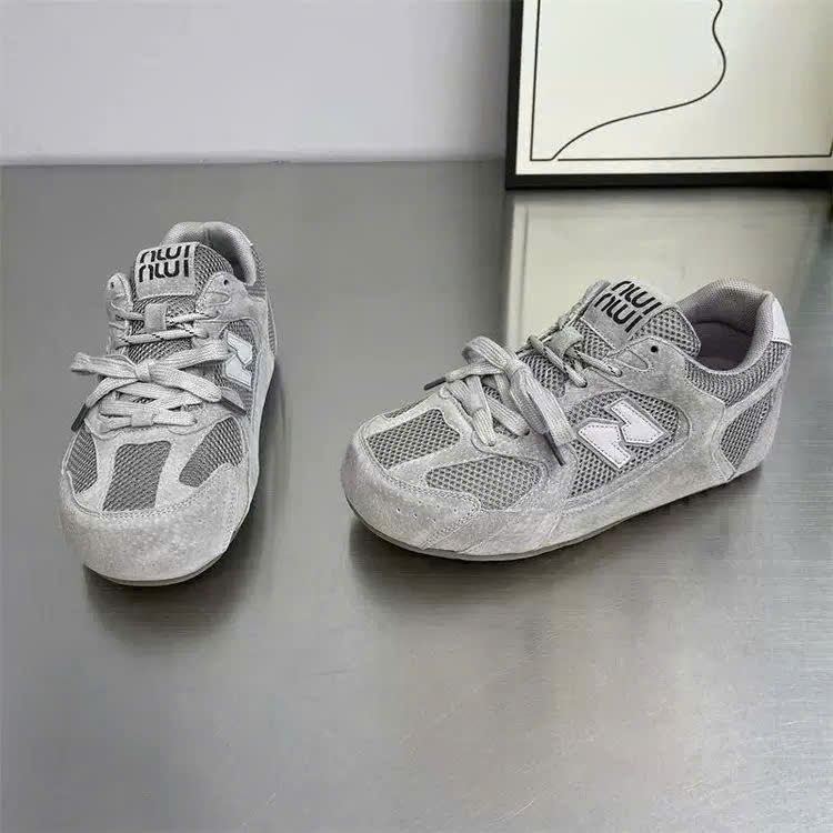 Giày thể thao nữ phong cách Y2K phối da lộn lưới thoáng khí, giày sneaker nữ màu xám vintage xu hướng mới