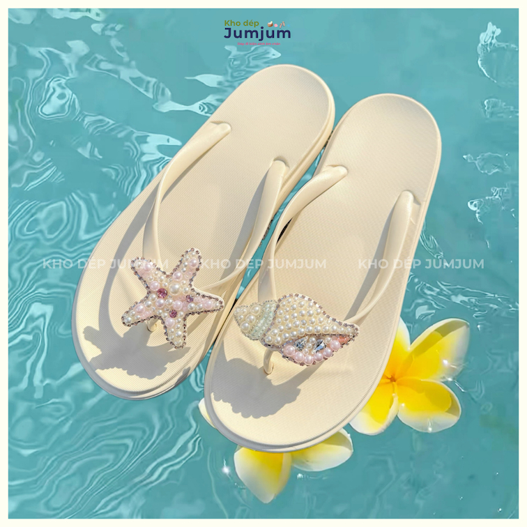 [ Tăng size ] Dép xỏ ngón nữ đi biển đế cao 2(cm) charm sao biển đính ngọc lấp lánh cao su EVA êm chân kháng nước chống