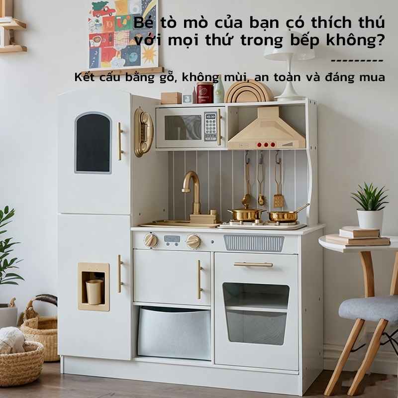 Đồ chơi bếp gỗ tự nhiên bộ đầy đủ tủ lạnh lò nướng có đèn sáng, kích thước 79x30x90cm, an toàn cho bé