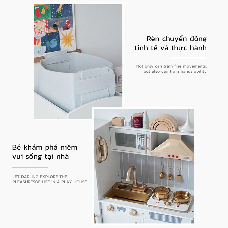 Đồ chơi bếp gỗ tự nhiên bộ đầy đủ tủ lạnh lò nướng có đèn sáng, kích thước 79x30x90cm, an toàn cho bé