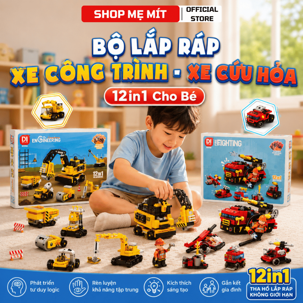 🚜 Bộ Lắp Ráp Xe Công Trình Xe Cứu Hỏa 12in1 Cho Bé – Đồ Chơi Xây Dựng 720 Siêu Chi Tiết Cho Bé