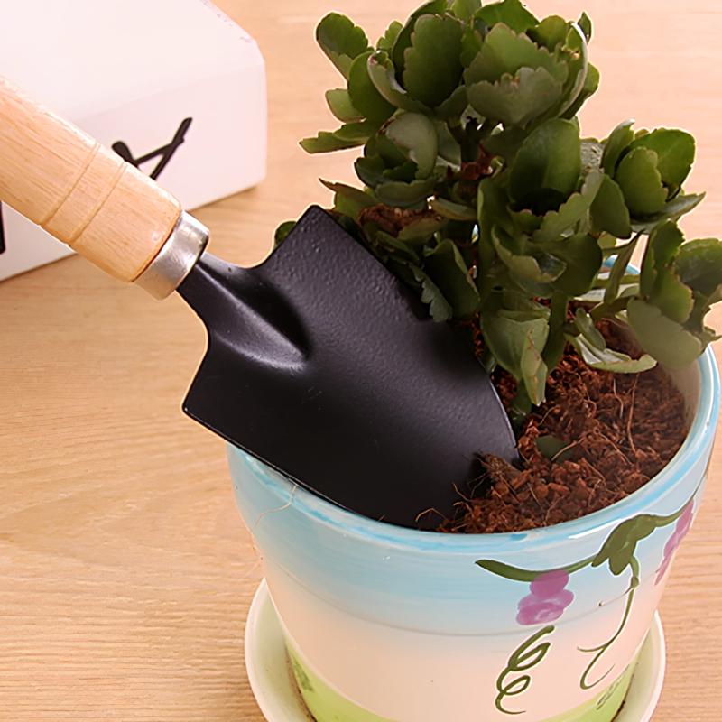 Bộ 3 món xẻng, cào, xới đất cán gỗ – Dụng cụ làm vườn mini cho gia đình, trồng rau, trồng hoa tại nhà, tay cầm chắc chắn