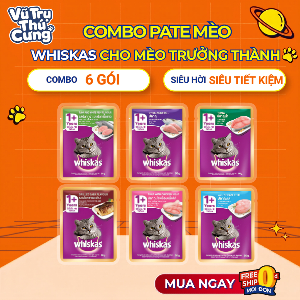 Combo 6 gói Pate Whiskas dành cho mèo lớn, gói 80g