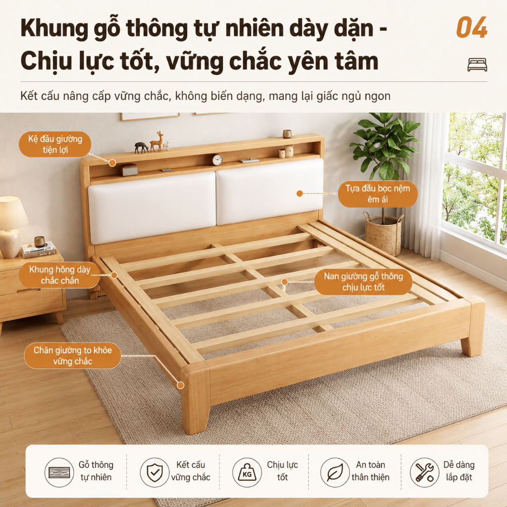 Giường Ngủ Gỗ Thông Tự Nhiên CONOCO Đầu Giường Bọc Nệm Êm Ái Có Kệ Để Đồ Tiện Lợi Khung Chắc Chắn