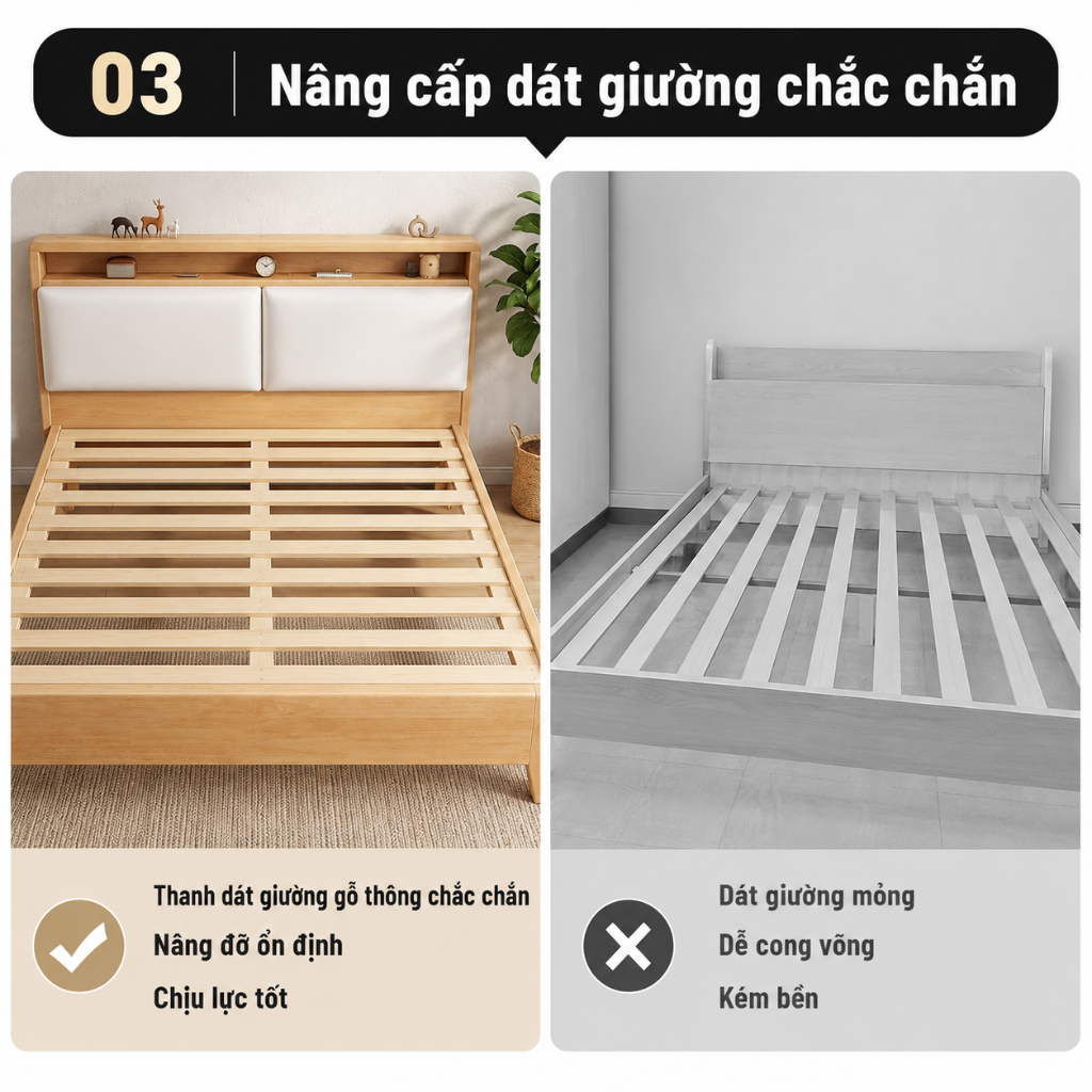 Giường Ngủ Gỗ Thông Tự Nhiên CONOCO Đầu Giường Bọc Nệm Êm Ái Có Kệ Để Đồ Tiện Lợi Khung Chắc Chắn