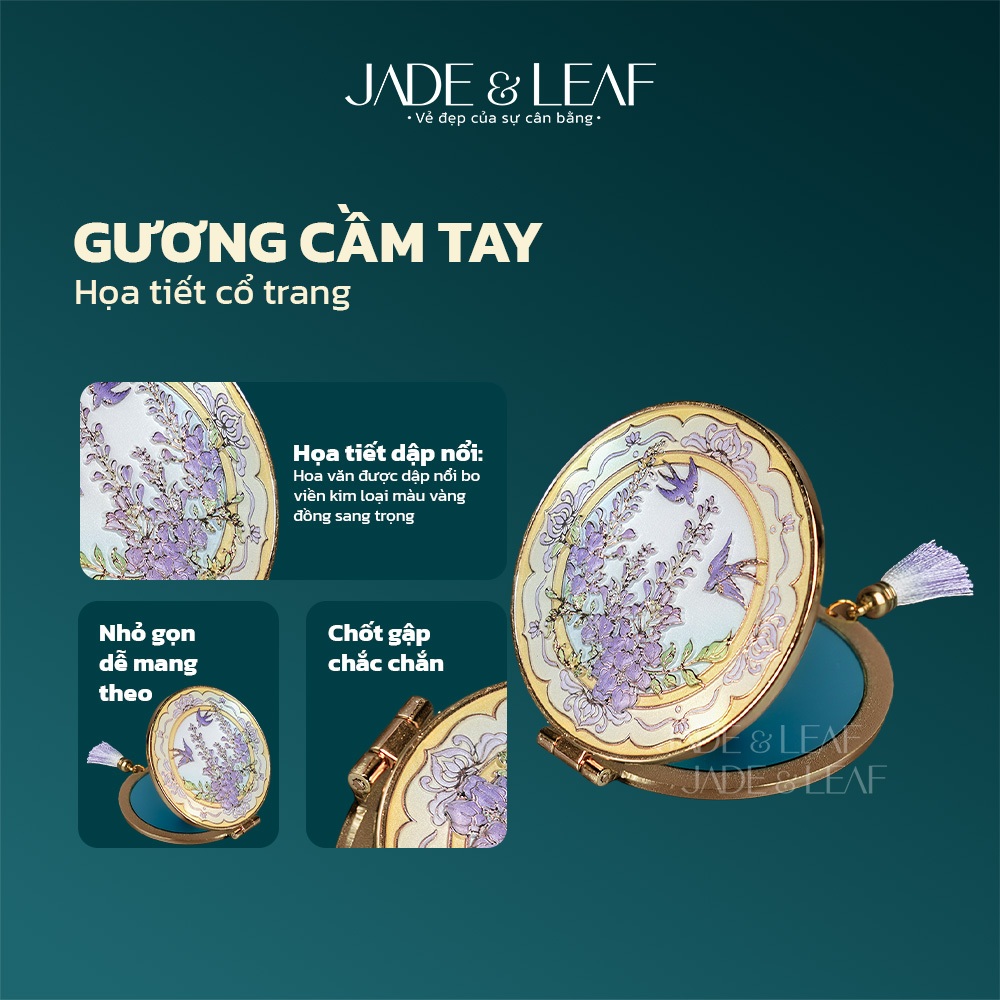 Gương Cầm Tay Trang Điểm Jade&Leaf Hoa Tử Đằng Vintage Kim Loại Mini Bỏ Túi Tiện Mang Theo
