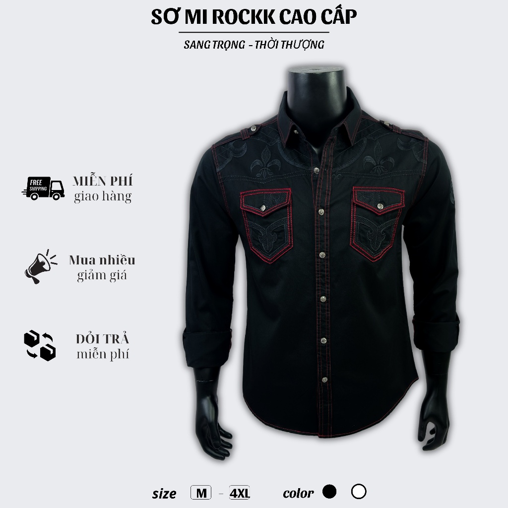 Sơ Mi Rock Classic Cao Cấp Thêu Họa Tiết Mãng Xà Chỉ Đỏ, Vải Kaki Tôn Dáng, Cúc Kim Loại Đẳng Cấp 72
