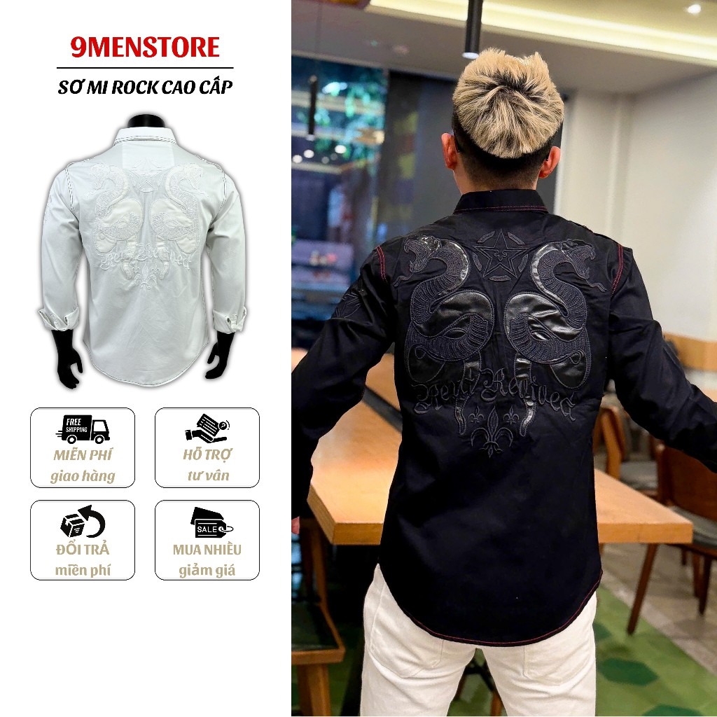 Sơ Mi Rock Classic Cao Cấp Thêu Họa Tiết Mãng Xà Chỉ Đỏ, Vải Kaki Tôn Dáng, Cúc Kim Loại Đẳng Cấp 72