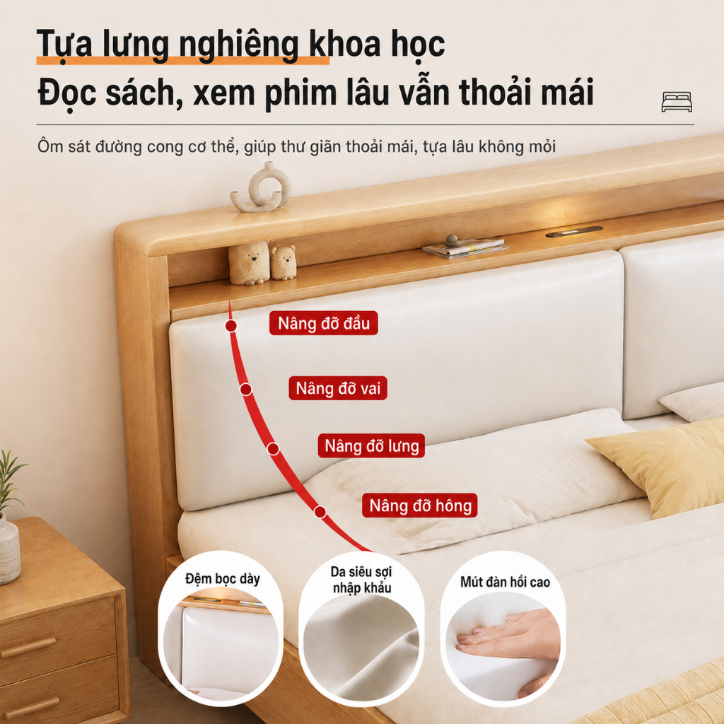 Giường Ngủ Gỗ Thông Tự Nhiên CONOCO Đầu Giường Bọc Nệm Êm Ái Có Kệ Để Đồ Tiện Lợi Khung Chắc Chắn
