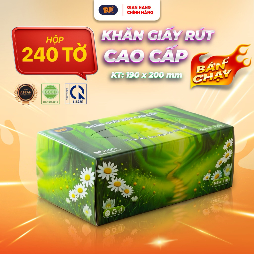 [ Xanh lá ] Khăn Giấy Rút Hộp BP TISSUE cao cấp - Phiên bản Rừng xanh 3 lớp 240 tờ dày dặn, mềm mịn, siêu dai.