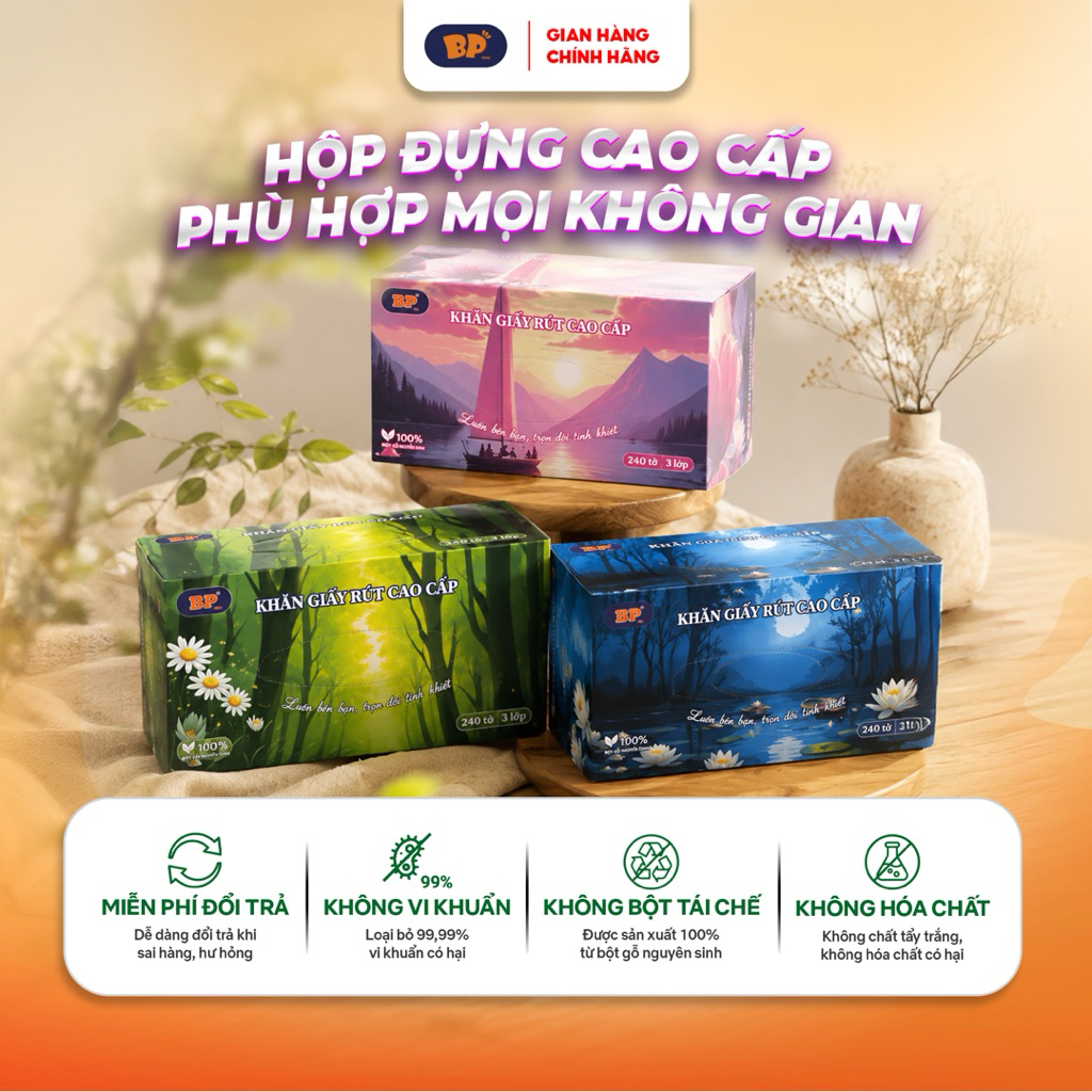 [ Xanh Dương ]Khăn Giấy Rút Cao Cấp BP Tissue Hộp 240 Tờ 100% Bột Giấy Nguyên Sinh Thấm Hút Tốt An Toàn Cho Da