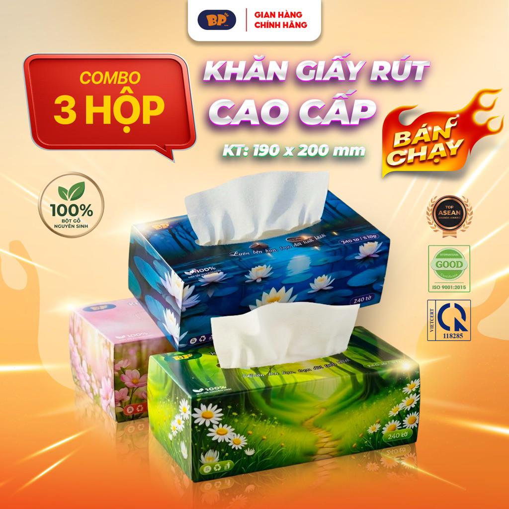 Combo 3 Hộp Giấy Rút Cao Cấp BP Tissue Hộp 240 Tờ 100% Bột Giấy Nguyên Sinh Thấm Hút Tốt An Toàn Cho Da