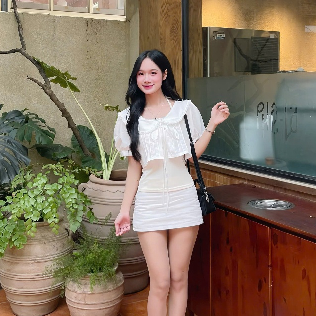 Set áo croptop 2 lớp dáng babydoll tay phồng tiểu thư cổ sen thắt nơ dễ thương Hàn Quốc AOT052