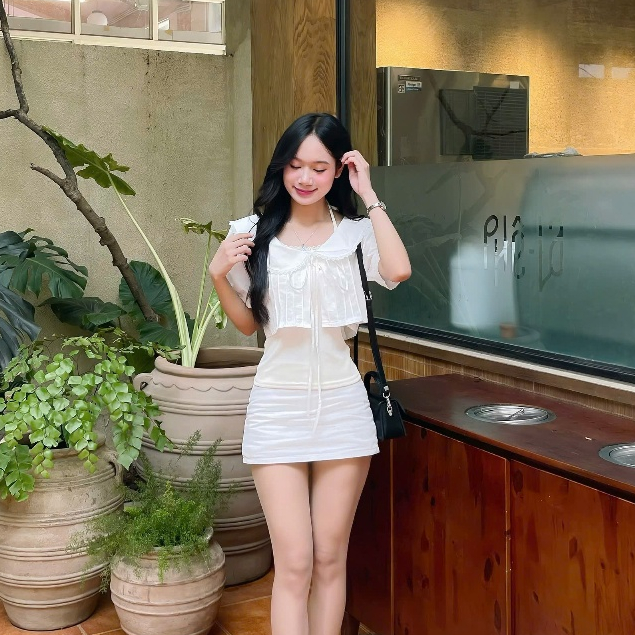 Set áo croptop 2 lớp dáng babydoll tay phồng tiểu thư cổ sen thắt nơ dễ thương Hàn Quốc AOT052