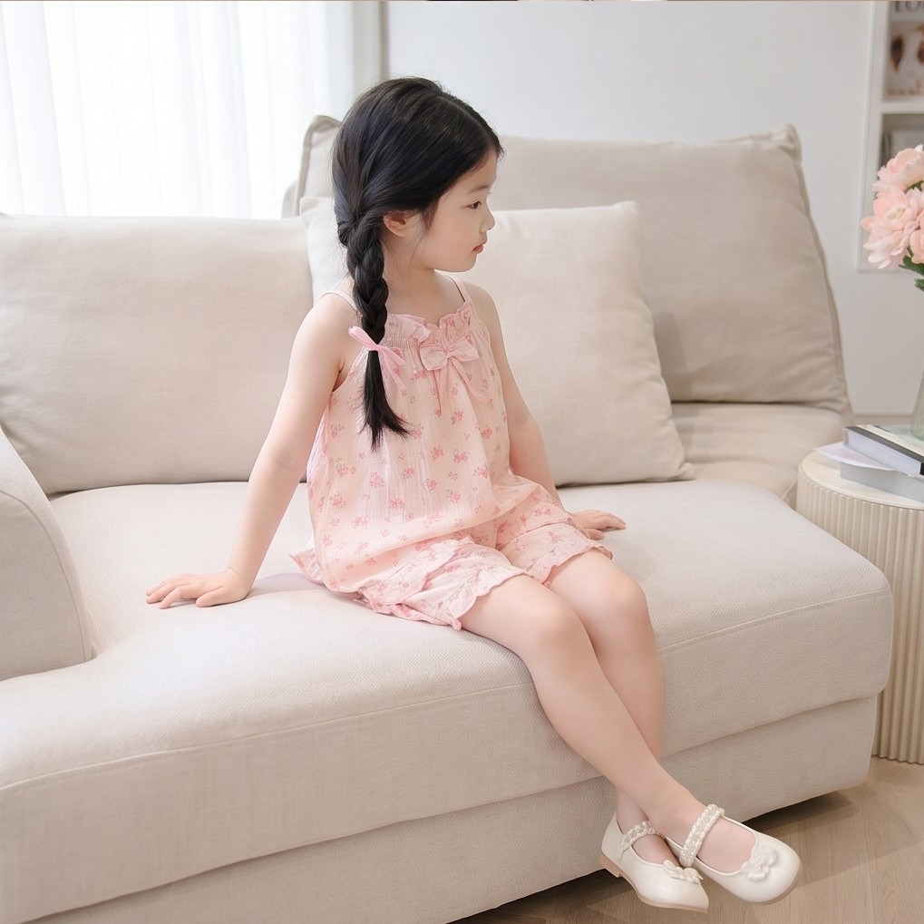 Bộ 2 Dây Bé Gái Vải Xô Muslin SONBEE, Đồ Bộ Mặc Nhà Đồ Ngủ Mùa Hè Cho Bé Phối Bèo Họa Tiết Đáng Yêu